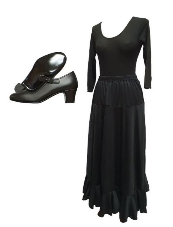 Flamenco Dance Beginner Pack for Adults. Skirt with Godets or Flounce, Synthetic Shoes without Nails and Black Leotard